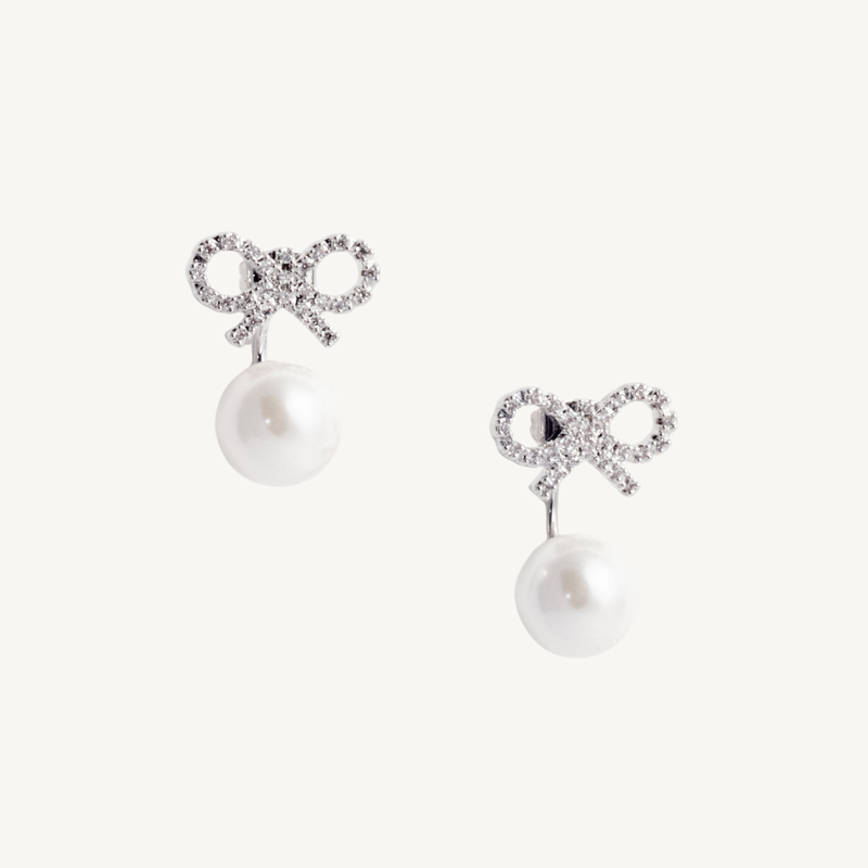 Crystal Bow Pearl Jacket Earrings