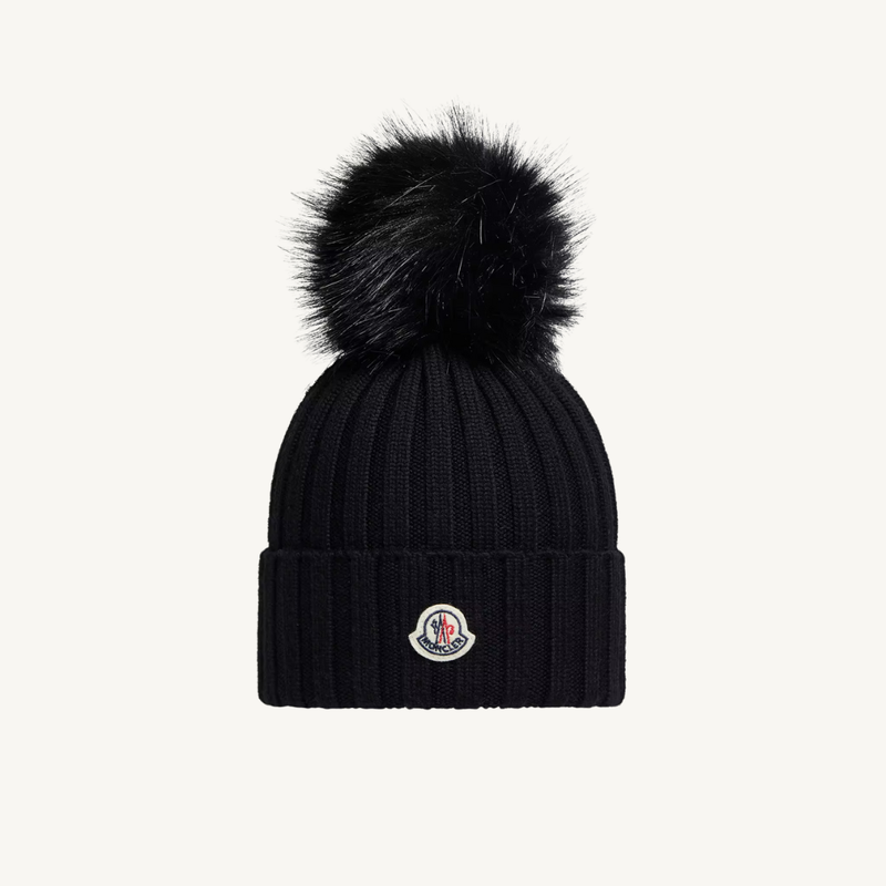Wool Beanie with Faux Fur Pom Pom
