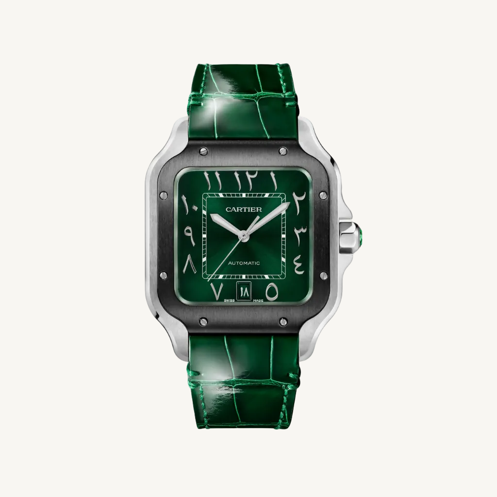Green Cartier watch with a white face on a white background
