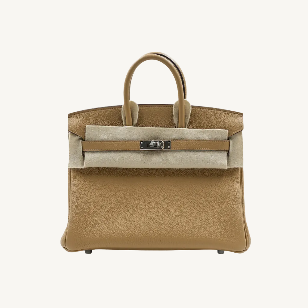 Beige handbag with a silver clasp on a white background