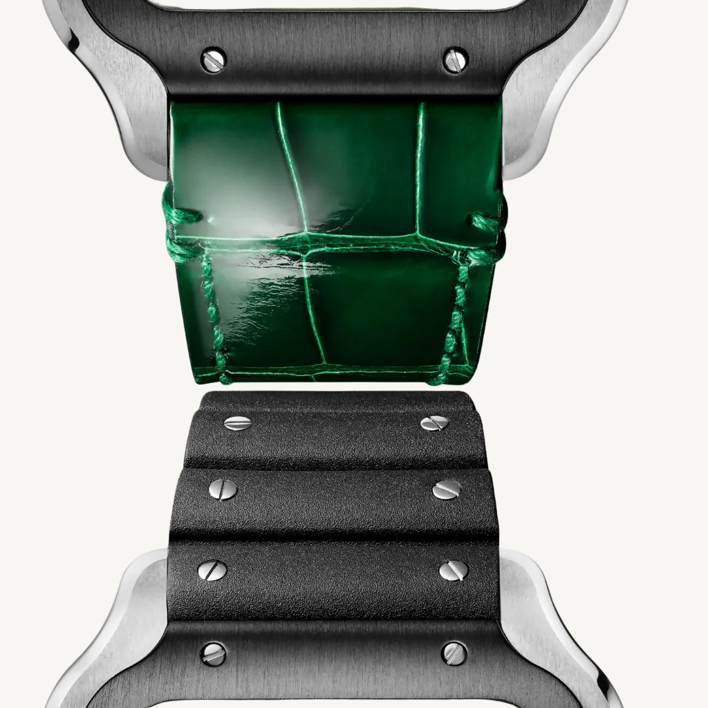 Close-up of a watch with green face and black strap on a white background