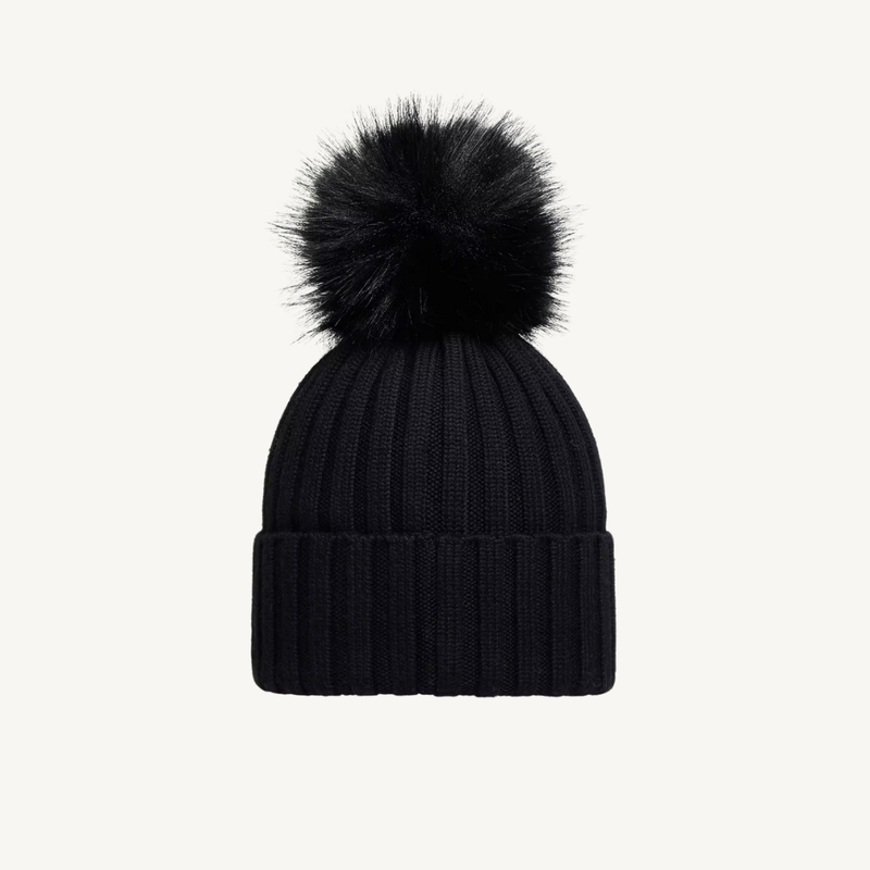 Wool Beanie with Faux Fur Pom Pom