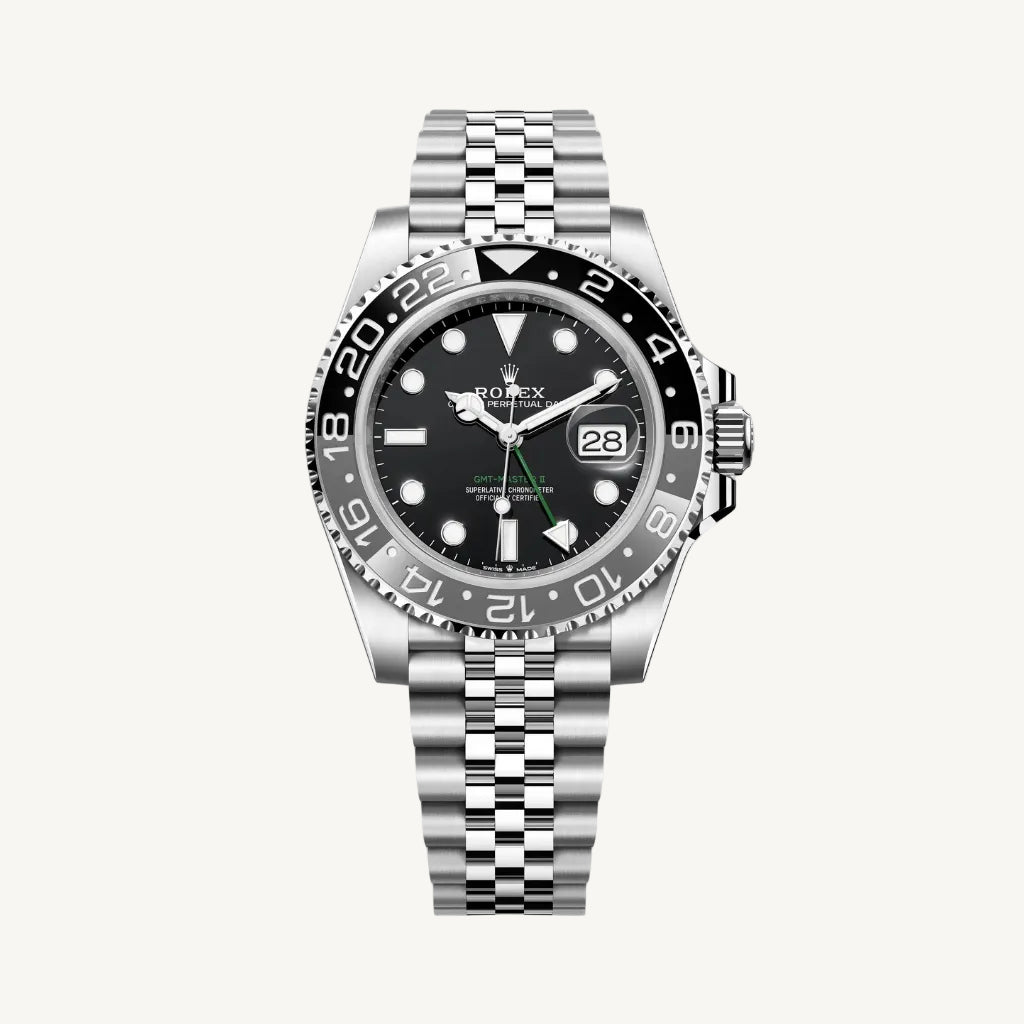 Rolex Oyster Perpetual Submariner Date watch with a stainless steel Jubilee bracelet, black dial, and black and white rotating bezel, shown against a plain white background.