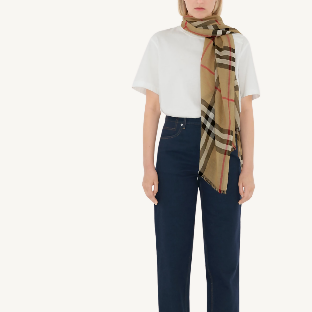 Wide Check Wool Silk Scarf